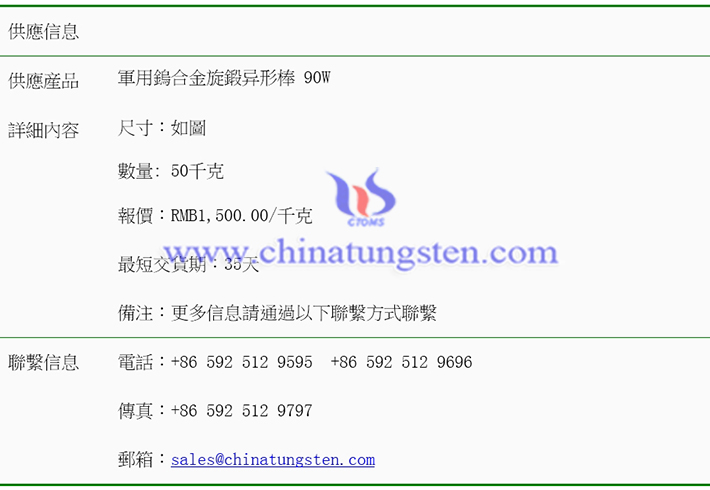 軍用鎢合金旋鍛異形棒價(jià)格圖片