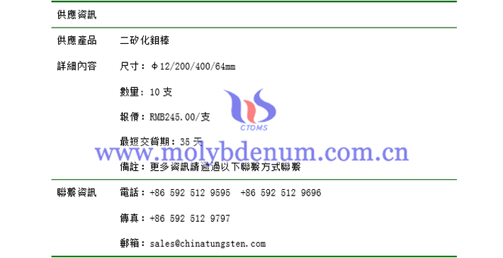 二矽化鉬棒價(jià)格表圖片