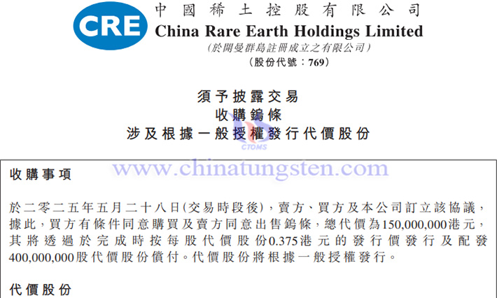 中國稀土控股有限公司擬1.5億港元購買鎢條公告