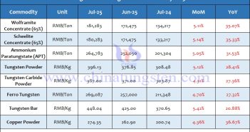 Average Price of Tungsten Products in July 2025 Average Price of Tungsten Products in July 2025