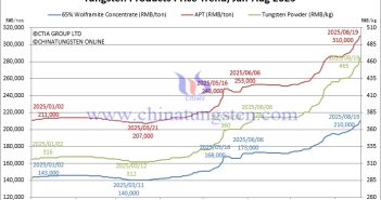 65% Wolframite Concentrate Price Breaks RMB 210,000 – August 19, 2025 Tungsten Price Trend from January to August 19, 2025